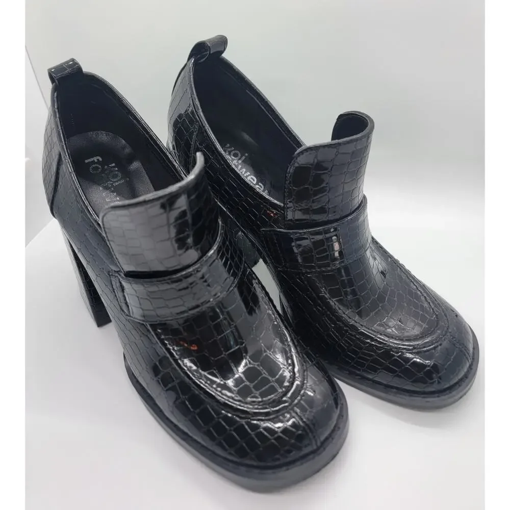 Koi Footwear Black Vegan Chunky Heel Slip-On Shoes UK 4 Snake Print Square Toe🖤
